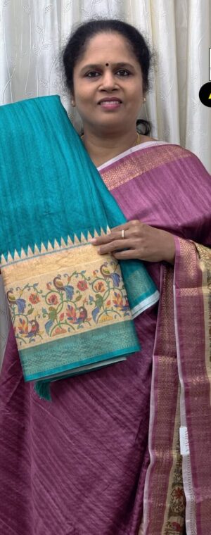 Sea Green Semi Tussar Saree with Floral Border | ASF812