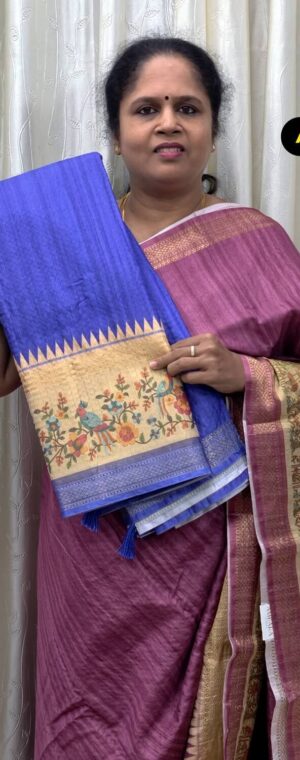 Indigo Blue Semi Tussar Saree with Floral Border | ASF807