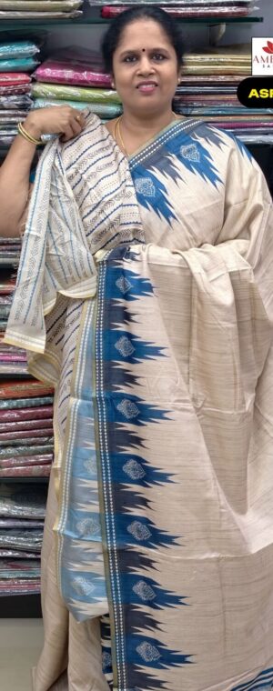 Cream With Blue Color Semi Tussar Saree | ASF767