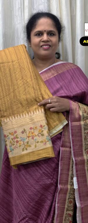 Mustard Semi Tussar Saree with Floral Border | ASF809
