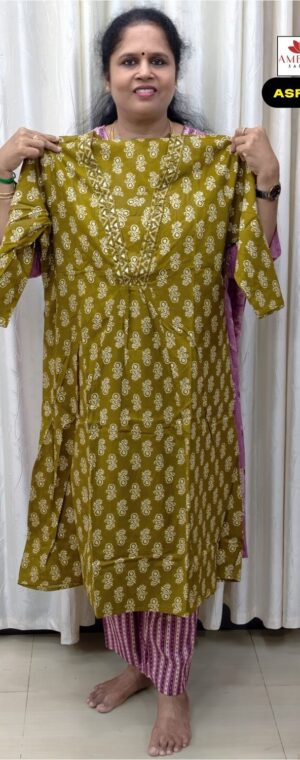 Mehandi Green Color Floral Printed Cotton kurti Set | ASF646