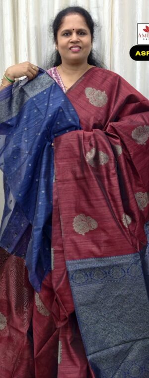 Maroon With Blue Kora Semi Silk Cotton Saree | ASF650