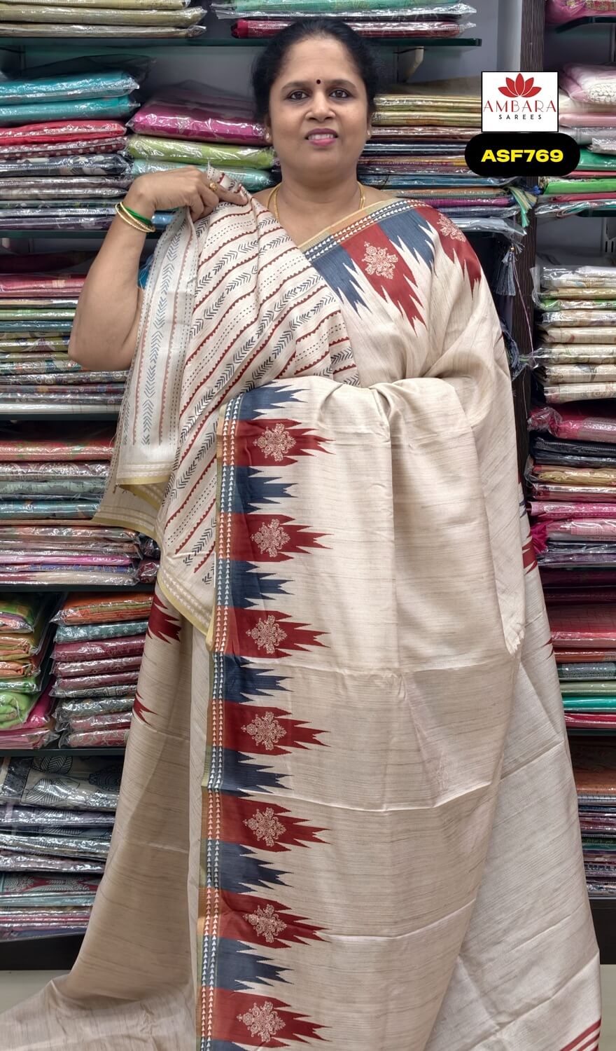 Cream With Brick Color Semi Tussar Saree | ASF769