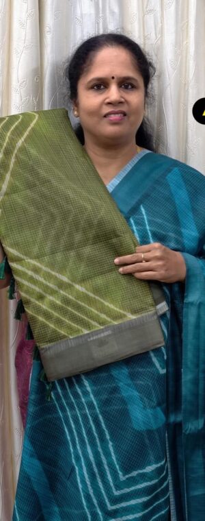 Olive Green Soft Cotton Saree with Geometrical Patterns | ASF908