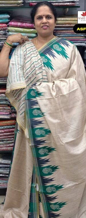 Cream With Green Color Semi Tussar Saree | ASF768