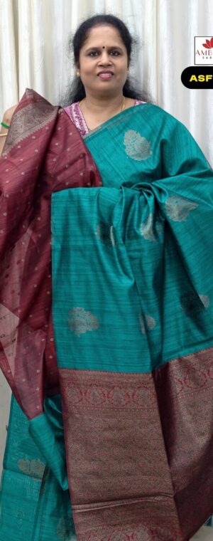 Sea Green With Maroon Kora Semi Silk Cotton Saree | ASF652