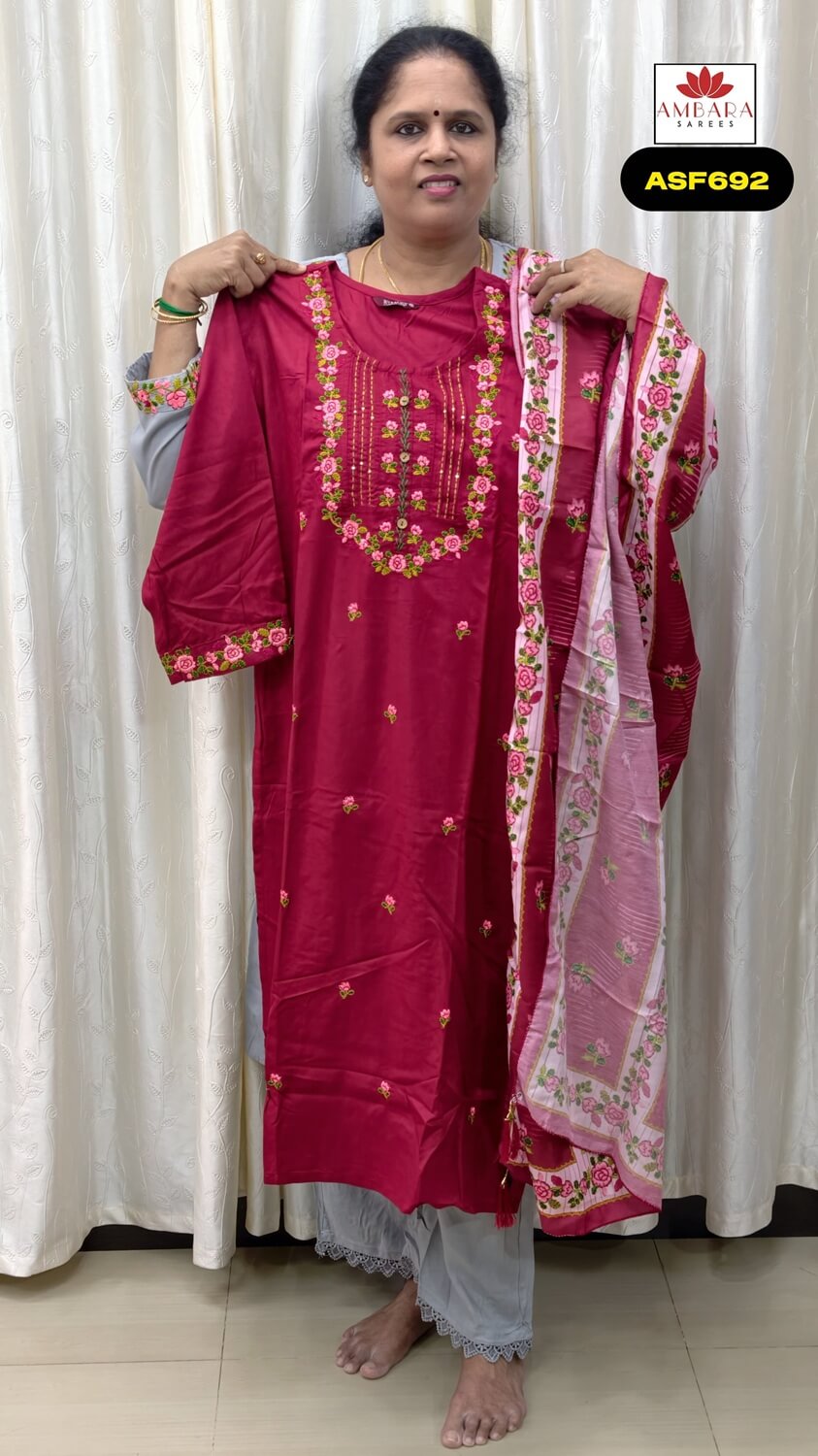 Maroon Color Embroidery Rayon Kurti Set | ASF692