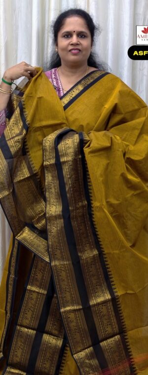 Mustard Yellow With Black Border Chettinad Cotton Saree | ASF628