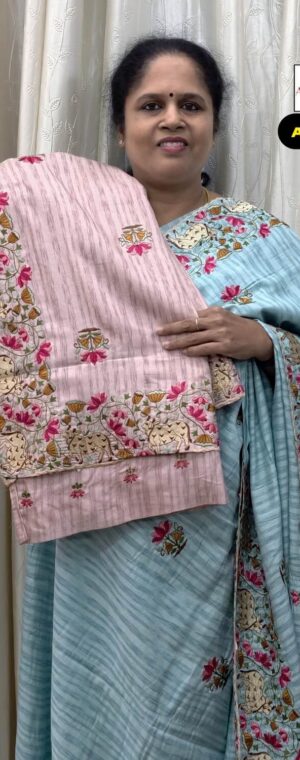 Light Onion Pink Floral Embroidery Semi Tussar Silk Saree | ASF802