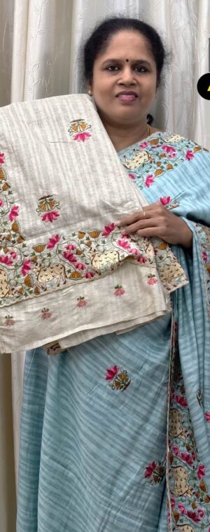 Light Cream Floral Embroidery Semi Tussar Silk Saree | ASF801