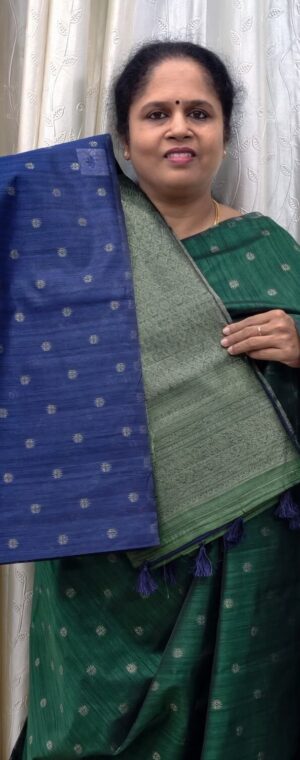 Ink Blue With Green Banarasi Cotton Saree | ASF798