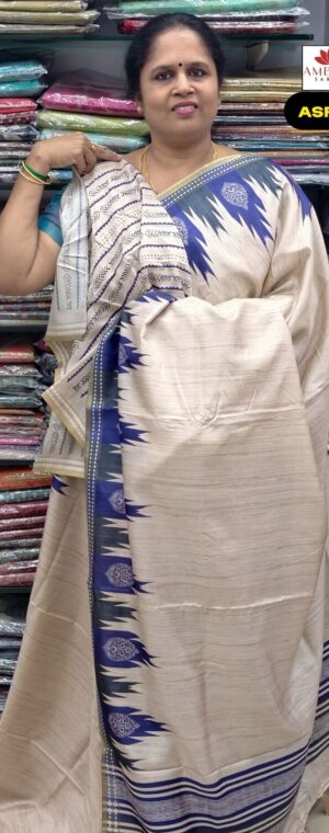 Cream With Ink Blue Color Semi Tussar Saree | ASF761