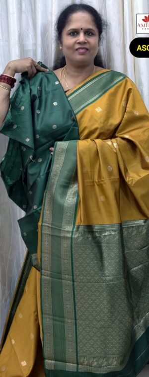 Yellow With Green Border Semi Soft Silk Saree | ASG99