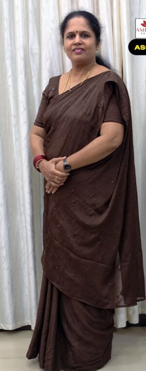 Brown Crushed Chiffon Saree with Small Embroidery | ASG147