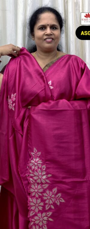 Dark Pink Color Applique Worked Dupion Silk Saree | ASG44