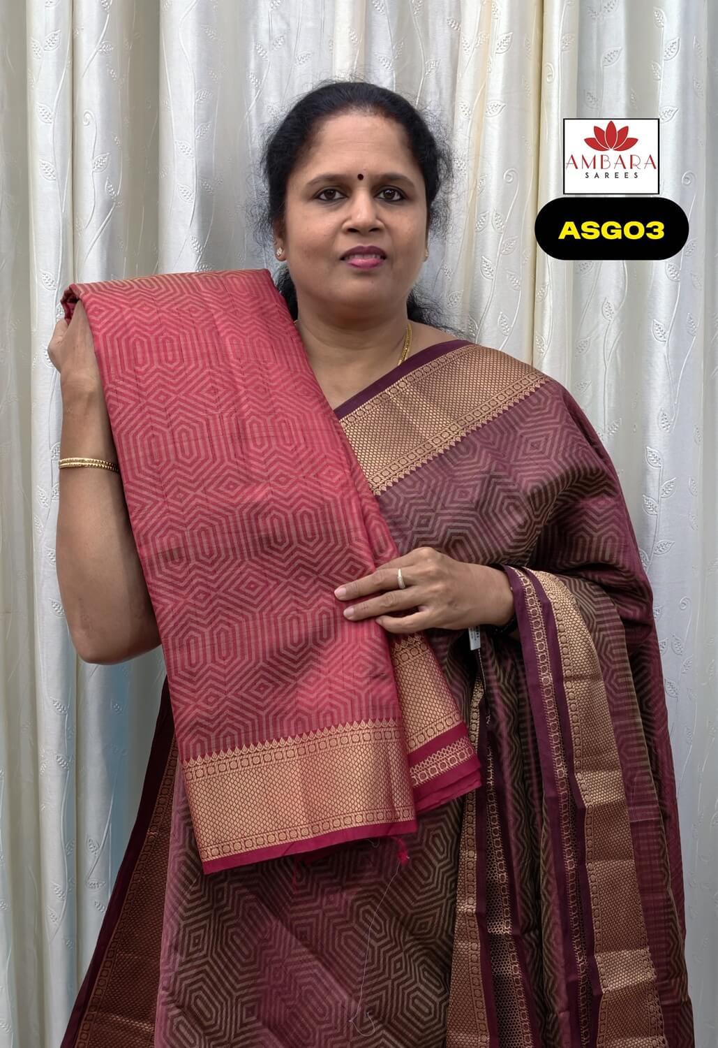 Red Semi Tussar Saree with Gold Zari Highlights | ASG03