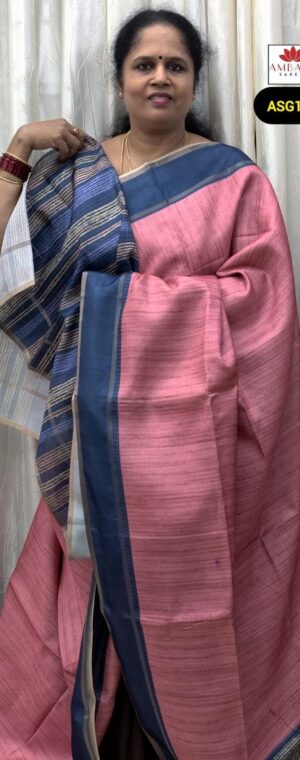 Onion Pink Semi Tussar Saree with Zari Border | ASG107