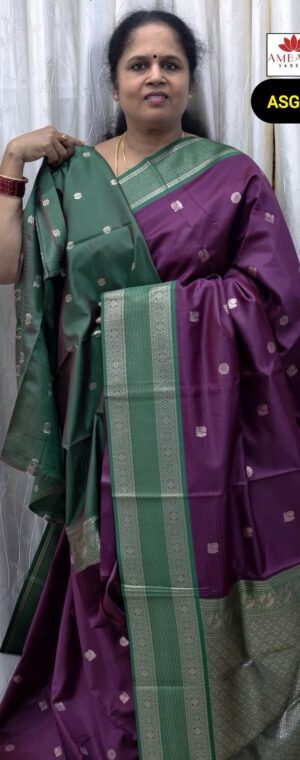 Dark Magenta With Green Border Semi Soft Silk Saree | ASG97