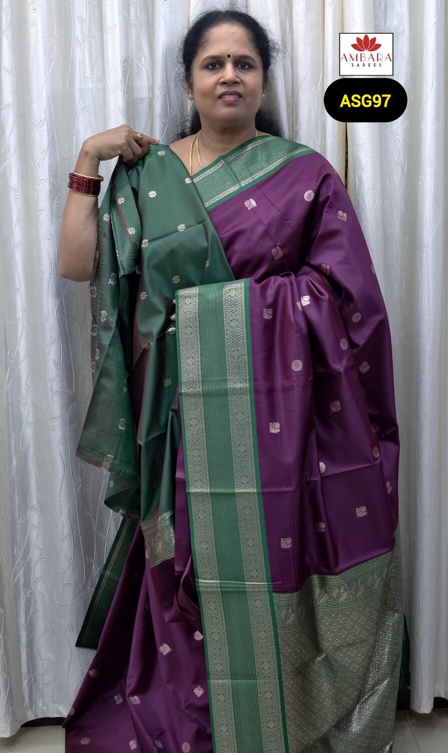 Dark Magenta With Green Border Semi Soft Silk Saree | ASG97