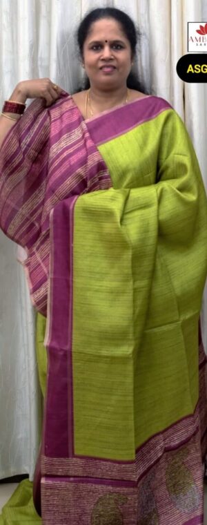 Green Semi Tussar Saree with Thread-Woven Pallu | ASG109