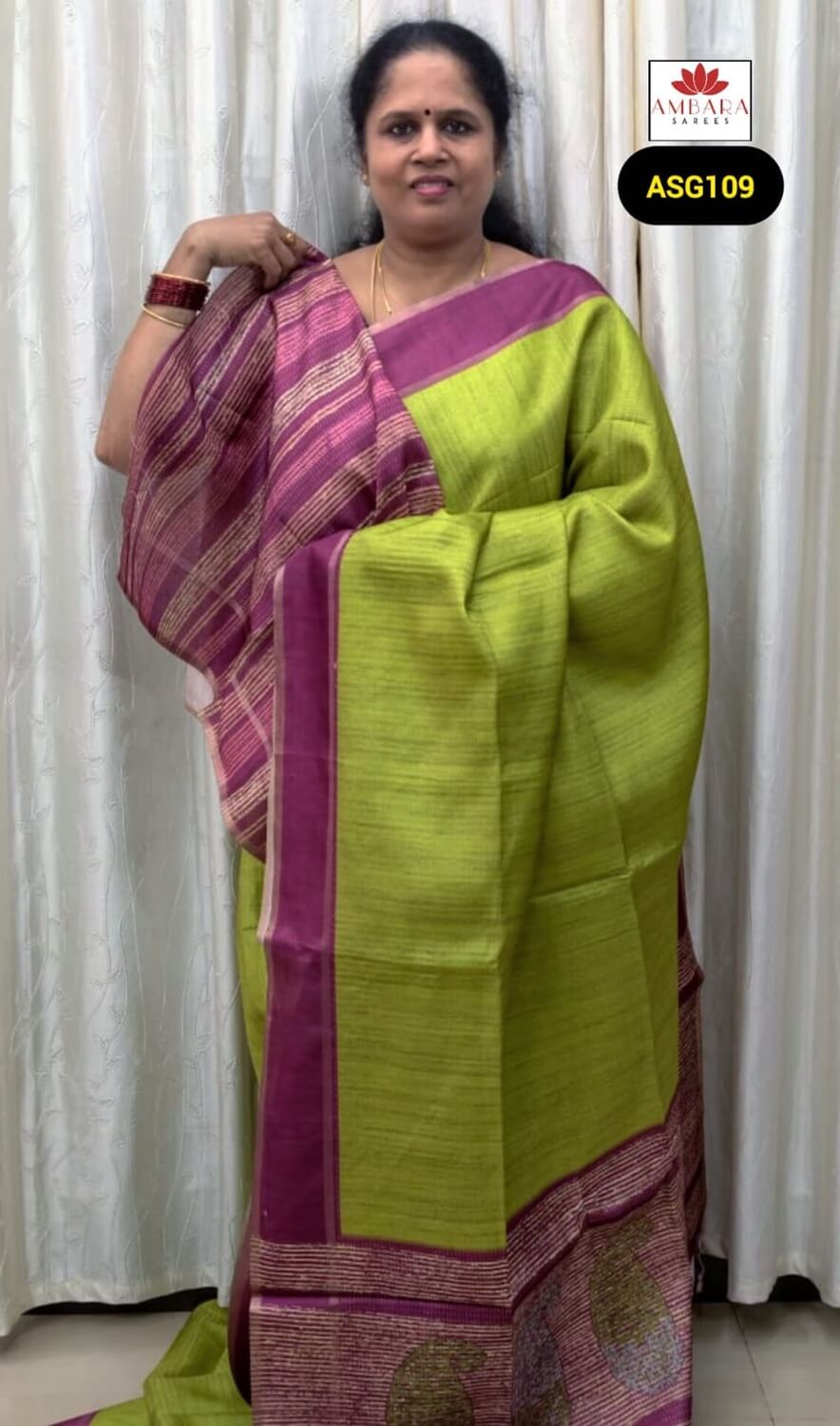 Green Semi Tussar Saree with Thread-Woven Pallu | ASG109