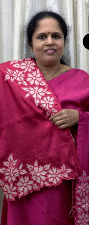 Rani Pink Color Applique Worked Dupion Silk Saree | ASG48