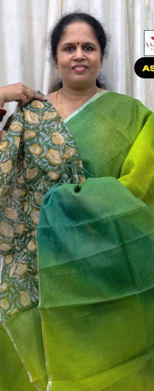 Green Color Kota Cotton Saree With Kalamkaari Blouse | ASG28