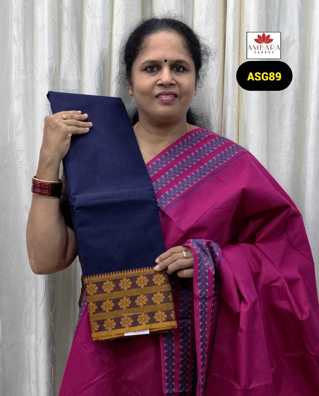 Navy Blue Chettinad Cotton Saree with Thread Weave | ASG89