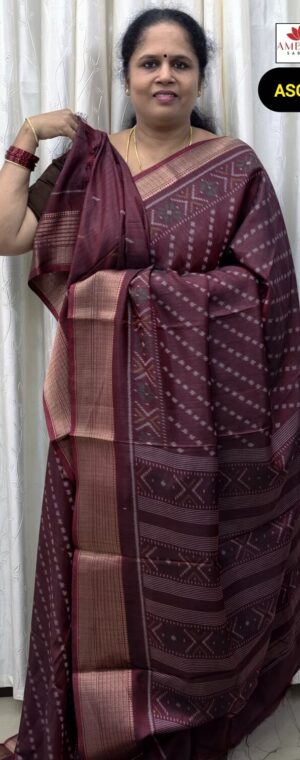 Dark Maroon Slub Cotton Crepe Saree with Pochampally Motifs | ASG79