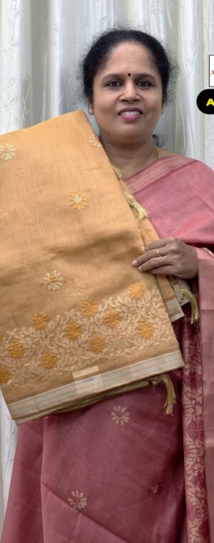 Light Orange Floral Embroidery Cotton Saree | ASF843