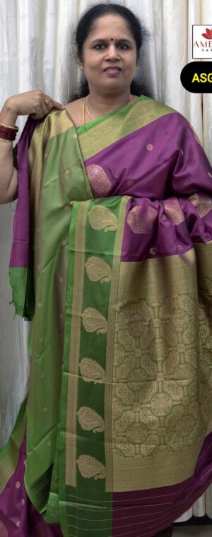 Magenta Semi Silk Saree with Green Contrast Pallu | ASG113