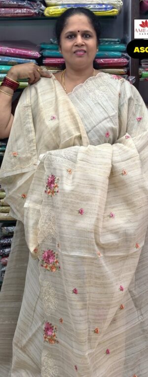 Off-White Color Embroidery Kota Tussar Saree | ASG78