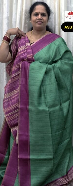 Green Semi Tussar Saree with Magenta Zari Border | ASG111
