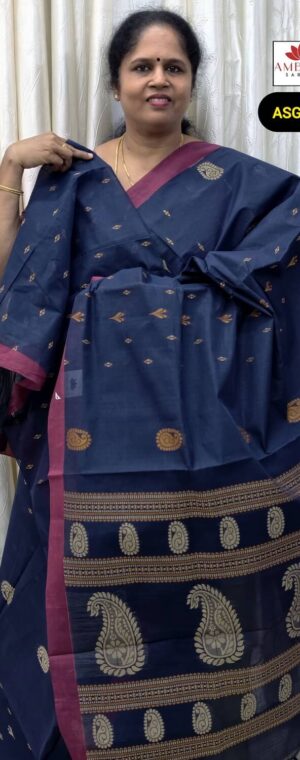 Navy Blue Color Thread Weaved Pure Cotton Saree | ASG154