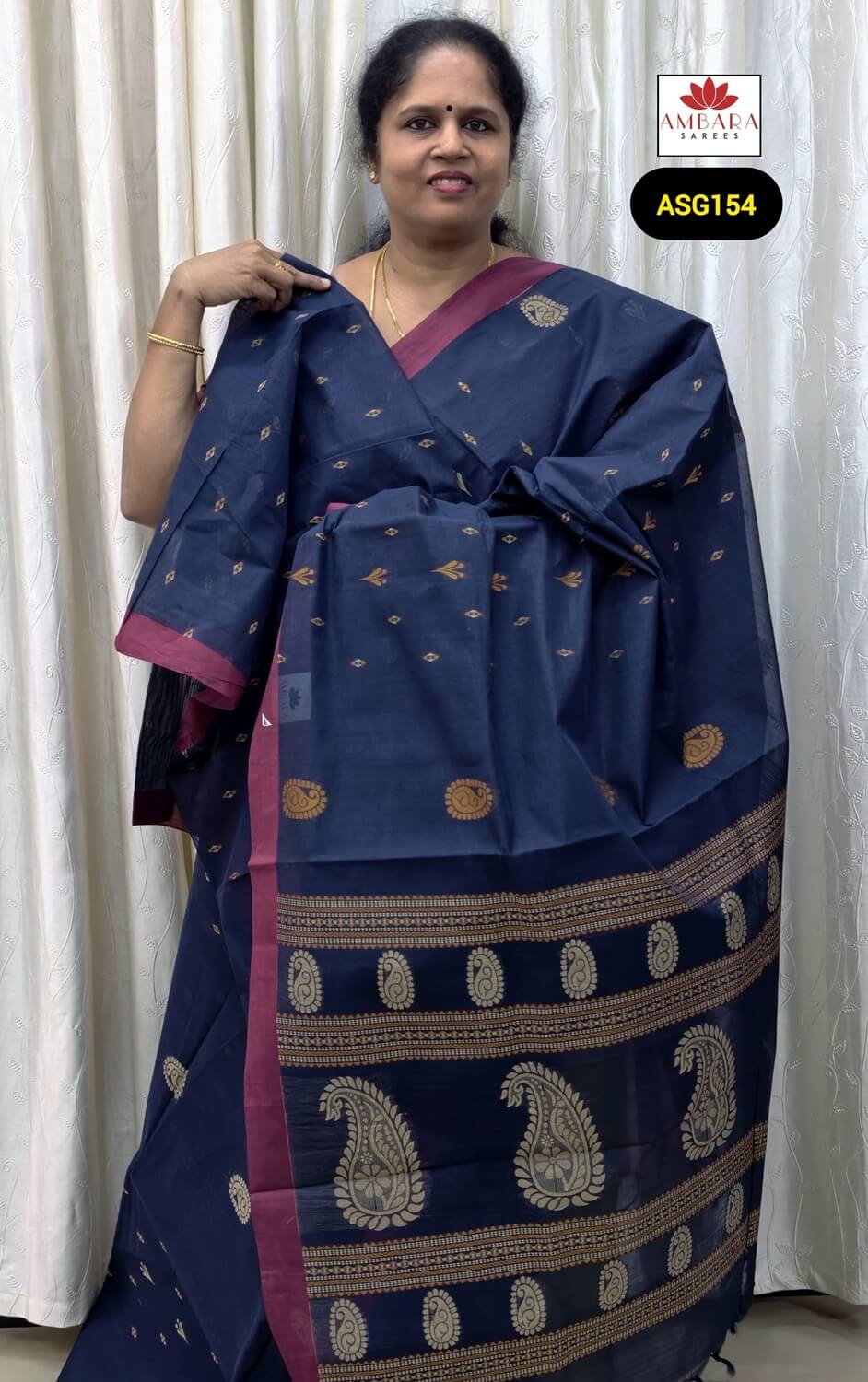Navy Blue Color Thread Weaved Pure Cotton Saree | ASG154