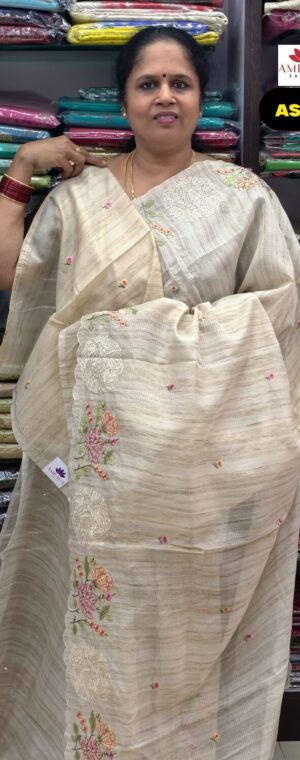 Off-White Color Embroidery Kota Tussar Saree | ASG76