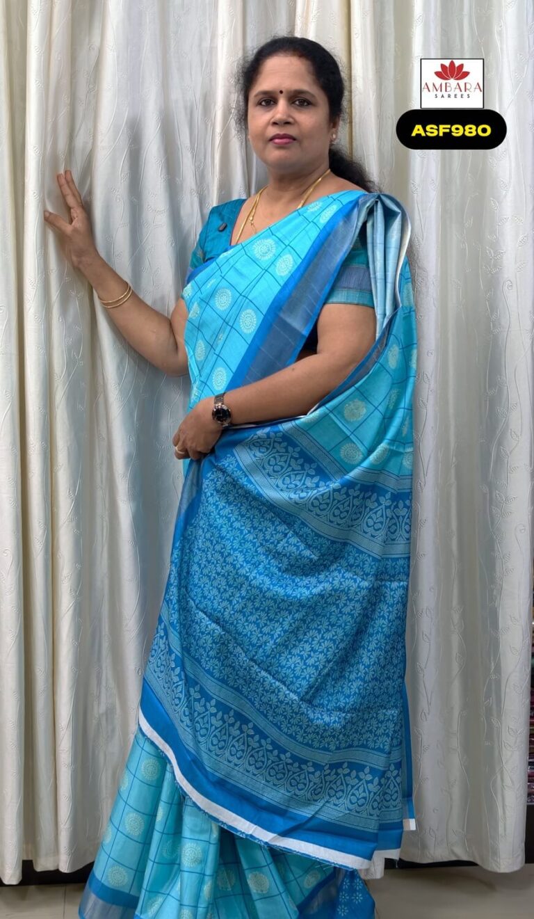 Sky Blue Printed Semi Tussar Saree with Checked Body | ASF980
