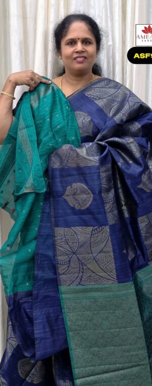 Ink Blue with Green Borderless Banarasi Cotton Saree | ASF928
