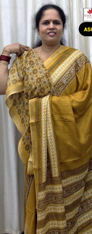 Mustard Soft Cotton Saree with Self-Printed Border | ASG62