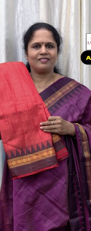 Red Semi Tussar Saree with Temple Border | ASG15