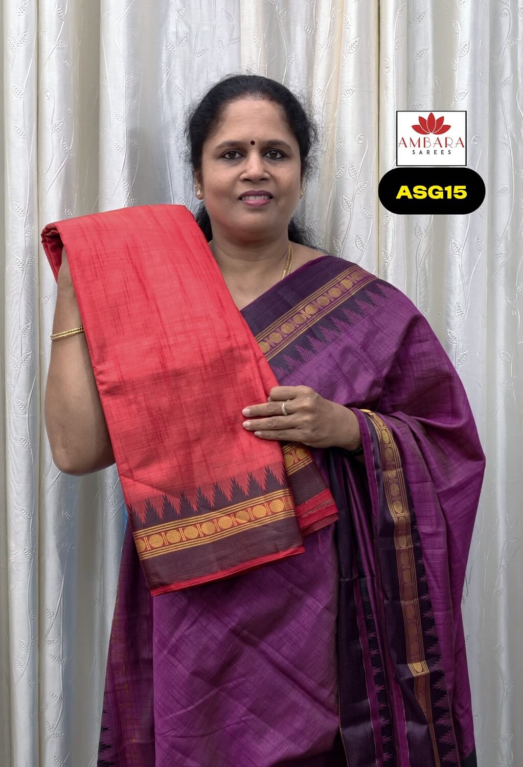 Red Semi Tussar Saree with Temple Border | ASG15