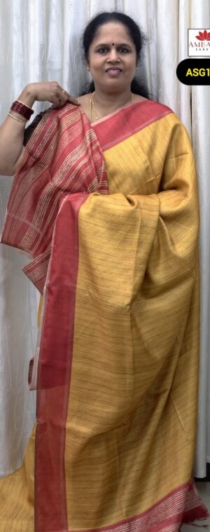 Yellow Semi Tussar Saree with Mango Motif Pallu | ASG108