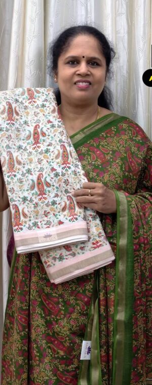 White Pashmina Cotton Saree With Mango Design Print | ASF893