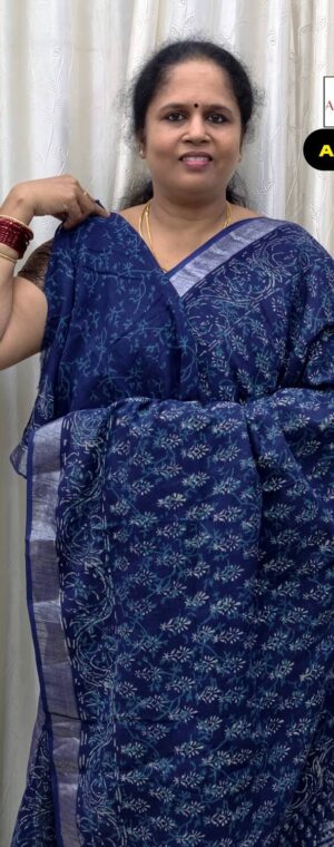 Navy Blue Printed Linen Cotton Saree with Silver Zari | ASG22
