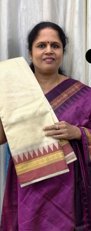 Off-White Semi Tussar Saree with Temple Border | ASG14