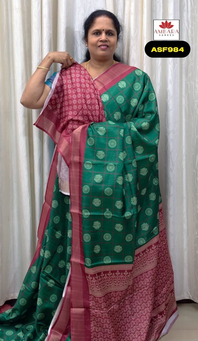 Green With Red Printed Semi Tussar Saree | ASF984