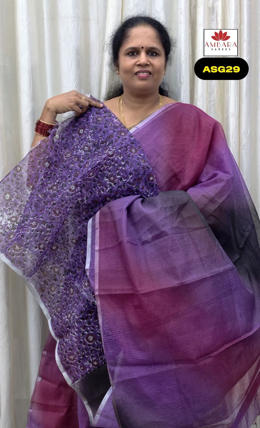 Purple & Magenta Kota Cotton Saree with Kalamkari Blouse | ASG29