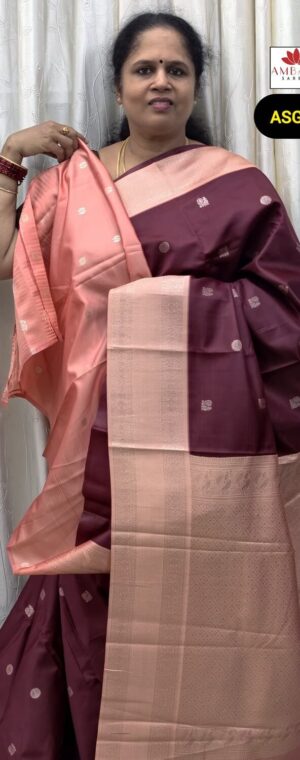 Maroon With Peach Border Semi Soft Silk Saree | ASG96