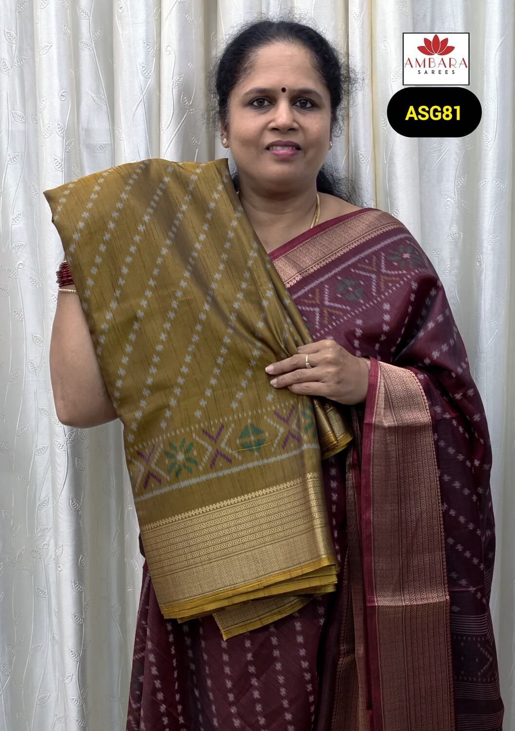 Mustard Pochampally Print Cotton & Crepe Blend Saree | ASG81