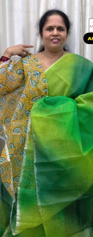 Green Kota Cotton Saree with Silver Zari Border | ASG26